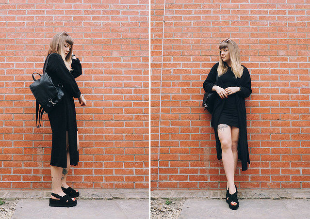 black spring outfit : being little. all black monochrome minimal spring summer outfit lyzi unwin being little british uk bristol fashion lifestyle blog blogger zara sandals H&M bodycon dress mango cardigan monki leather backpack forever 21 round sunglasses freedom to exist fte watch