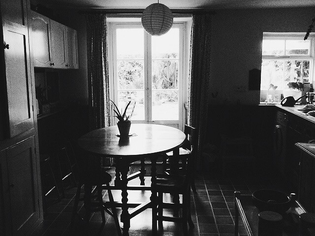 granny and grandad's house, black and white photograph, kitchen dining table
